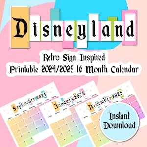 2024/25 Retro Disneyland Style Printable 16-Month Calendar - Digital Download