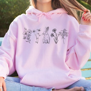 Botanical Rabbit Hoodie, Cute Bunny Hooded Sweatshirt, Cottagecore, Bunny Lover Gift, Bunny Mom Gift, Bunny Dad Gift, Birthday Present