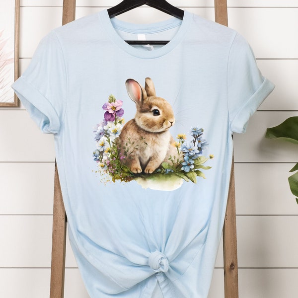 Floral Bunny Shirt, Rabbit with Flowers T-shirt, Bunny Lover Gift, Bunny Mom Gift, Cottagecore, Birthday Present, Aesthetic Tee, Animal Tee