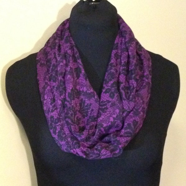 Infinity Scarf:  Chiffon/Semi-Sheer Purple and Black Lace-Look