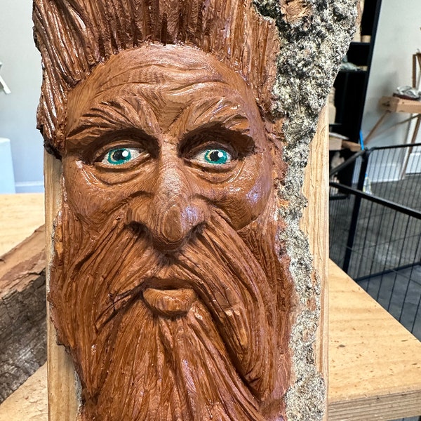 A “Green Eyed” woodspirit hands carved from a large piece of cottonwood bark