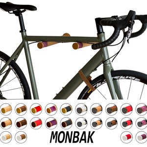 Wall mount bicycle MONBAK #MB04 long choice of colors leather strap solid wood road bike gravel bike urban bicycle holder wood beech 62 cm handlebar