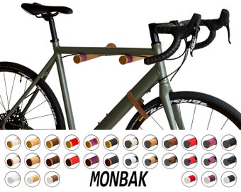 Wandmontage fiets MONBAK #MB04 lange kleurenkeuze lederen band massief hout racefiets grindfiets stadsfiets houder hout beuken 62 cm stuur