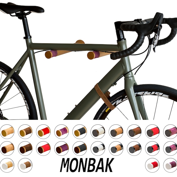 Support mural pour vélo MONBAK #MB04 long choix de couleurs bracelet en cuir vélo de route en bois massif vélo de gravier porte-vélo urbain en bois de hêtre guidon de 62 cm