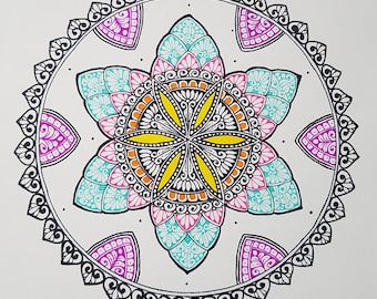 Circle Mandala wall art - bright and colourful. Handdrawn mandala