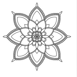 May include: A black and white mandala design with intricate details and a floral pattern.