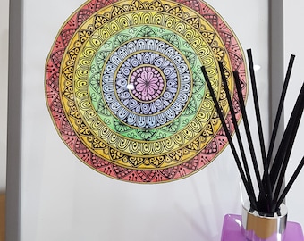 Unique hand drawn Rainbow mandala, mandala wall art, mandala home decor, boho wall hanging
