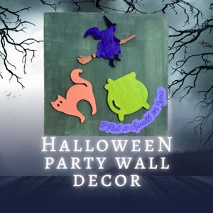Handgefertigte Gruselige Halloween Wand Deko - Viereckige Holzplatte mit Hexe, Katze & Topf | Schild zum Aufhängen für Kinderzimmer, Kinderzimmer oder Party