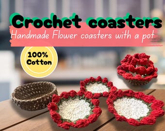 Handmade Crochet Flower Pot Coaster| Crochet Flower Coaster| Round Flower Cup Holder| Set flower coaster| Set Christmas Coaster Decoration