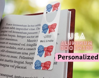 Gepersonaliseerde Amerikaanse vlag boog metalen bladwijzer, coquette patriottische bladwijzer, aangepaste naamlezers cadeau, 4 juli en Memorial Day bladwijzer cadeau