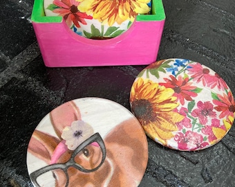 Lente ronde natuurlijke houten onderzetters met houder 4 gezichten Onderzetter konijntje Onderzetters Kleurrijke paasonderzetter Lentedecor Moeder Decoratief cadeau