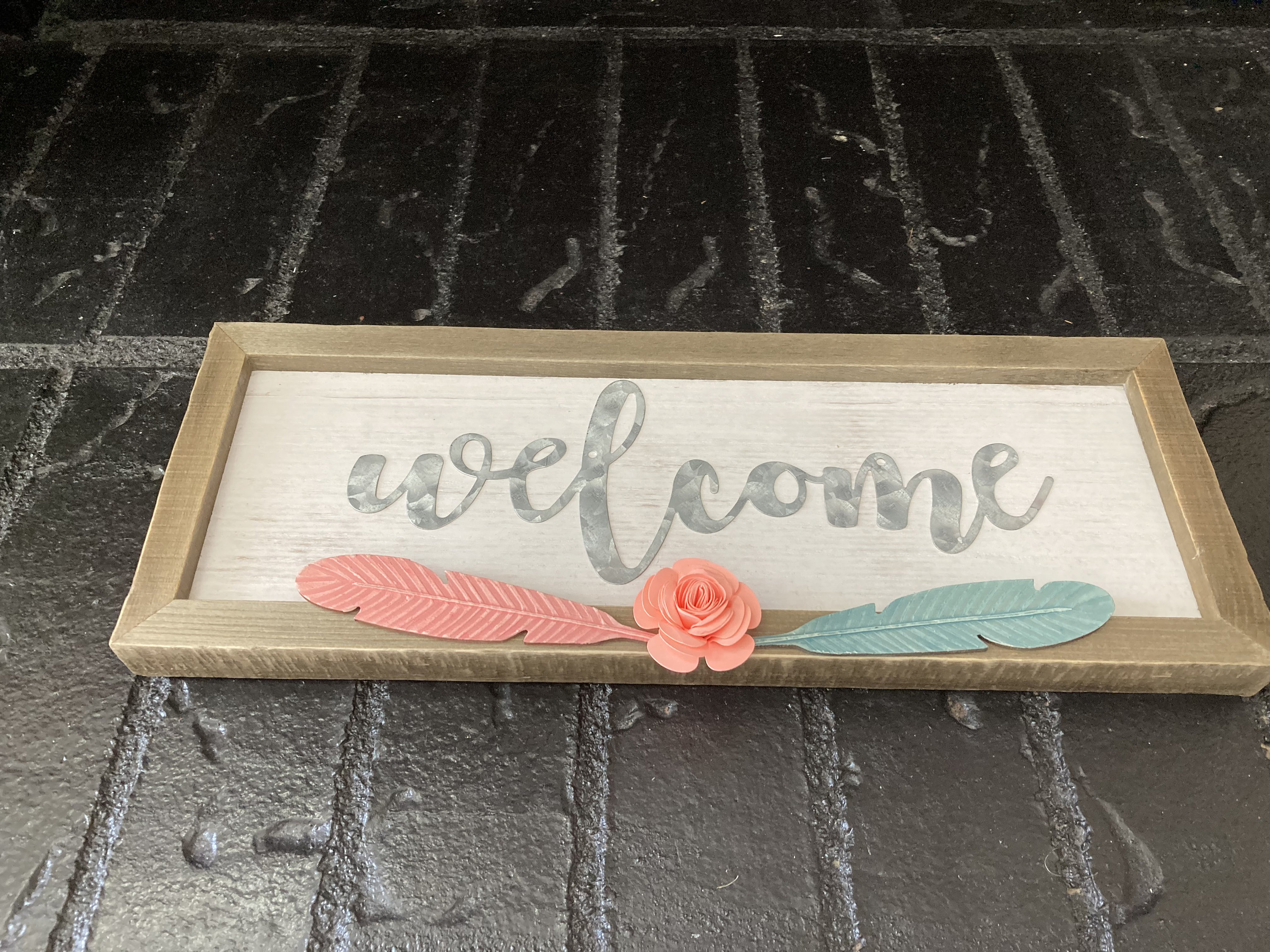Welcome Signs Retangular Handmade Wood Rectangular Welcome Sign With Wood Feathers and Flower ...