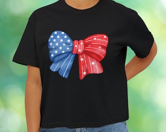 Coquette USA Flag Bow Shirt, 4th of July Crop, Boxy Tee, Cute Patriotic Shirt, Matching Family Friends Outfit, Memorial Day & Summer Gift