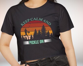 Boxy oversized of crop-top Pickleball-liefhebbers, blijf kalm en augurk, vintage retro-ontwerp, bijpassend teamcadeau, sport-T-shirt voor het hele jaar