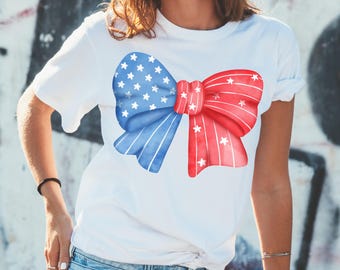 Coquette USA Flag Bow Shirt, 4th of July Tee, Cute Patriotic Shirt, Matching Family Friends Outfit, Memorial Day Summer Gift, USA Proud Tee