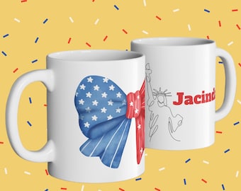 Personalized USA Flag Bow Mug, Coquette Aesthetic, 4th of July Mug ,Clear Glass or Ceramic, Accent mug, Custom Name & Liberty Statue mug
