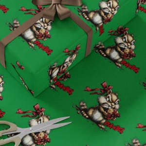 May include: Green wrapping paper with a repeating pattern of a cartoon chipmunk holding a cookie and the name "DANIEL" in red. A brown ribbon is tied around a wrapped gift. Scissors are in the lower left corner.