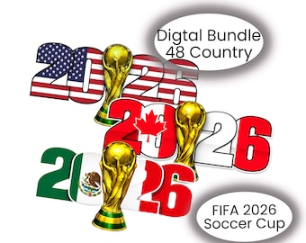 Lot numérique FIFA 2026 avec drapeau du pays, designs pour supporters de football, tasses, autocollants, téléchargements