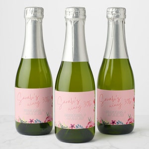 Mini Champagne Label Set of 10 / Pink Rose Wine Floral Birthday Girly Girls Trip Wine Tour Custom Personalized Wine Label WINEY