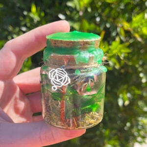 May include: A small glass jar with a green wax seal on the lid. The jar contains dried herbs and a silver charm with a geometric design.