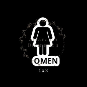 May include: White silhouette of a person with the word "OMEN" printed below. The image is surrounded by a wreath of small flowers and leaves.