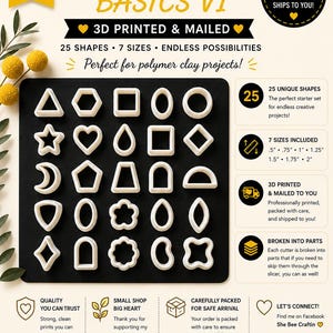 May include: A set of 25 white clay cutters in various shapes, including triangles, stars, hearts, and circles. The image includes text that says "Clay Cutter Basics V1" and "3D Printed & Mailed".