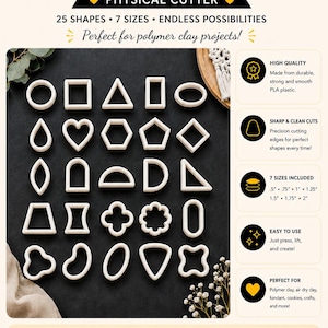 May include: White clay cutter set with 25 shapes and 7 sizes, perfect for polymer clay projects. Includes circles, squares, triangles, and more. Sizes range from .5" to 2". The text on the image says "Clay Cutter Basics V4".