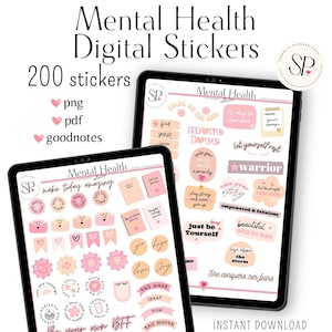 May include: A digital sticker set for planners and journals featuring pink and peach illustrations with motivational quotes like "make today amazing", "more love", "focus on the good", "let yourself rest", "warrior", "own your story", "just be yourself", "rise above the storm", and "she conquers her fears". The set includes 200 stickers in PNG, PDF, and Goodnotes formats.