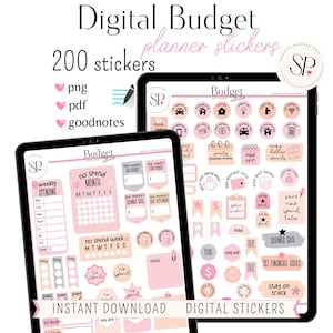 May include: Digital planner stickers for budgeting. The image shows a tablet screen displaying a variety of stickers in pink, peach, and grey. The stickers include icons, text, and checklists for tracking spending, savings, and financial goals. The text on the screen reads "Budget Stickers Collection", "No Spend Month", "No Spend Week", "Weekly Spending", "Savings Goal", "Set Financial Goals", "Stay on Track", "Paid Off", "Every Dollar Counts", and "Instant Download Digital Stickers".