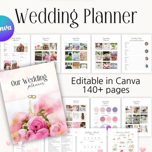 ウェディング プランナー Canva テンプレート、即時ダウンロード、印刷可能なウェディング キット、婚約ギフト、ゲスト リスト、座席表、ベンダー比較