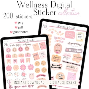 May include: A digital sticker collection for mental health and wellness. The stickers feature pink and peach colors with motivational quotes and illustrations. The collection includes 200 stickers in PNG, PDF, and Goodnotes formats.