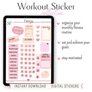 May include: A digital sticker collection for fitness and workout planning. The stickers feature pink and peach colors with illustrations of dumbbells, hearts, and a calendar. The text "Crushed Goals", "Set Goals", and "Monthly Workout Days" is included.