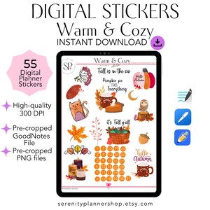 Fall Warm & Cozy Digital Planner Stickers for GoodNotes, OneNote Stickers, Daily Planner Pre-Cropped PNG, Sticker Pack for Annotation Apps