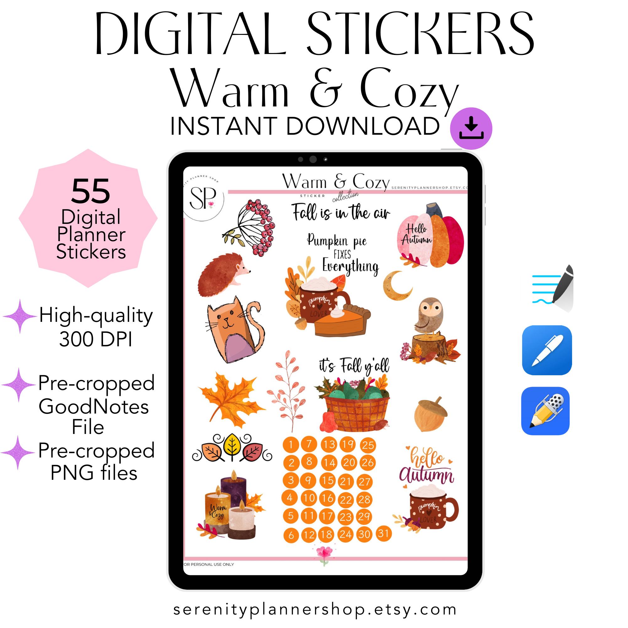 Fall Warm & Cozy Digital Planner Stickers for GoodNotes, OneNote Stickers, Daily Planner Pre-Cropped PNG, Sticker Pack for Annotation Apps