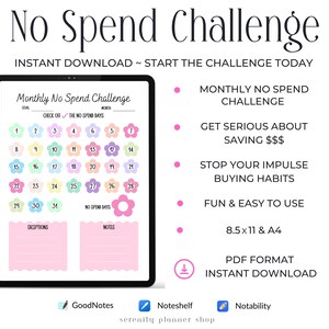 Könnte beinhalten: Ein druckbarer monatlicher No-Spend-Challenge-Tracker mit einem rosafarbenen Blumendesign. Der Tracker enthält einen Kalender mit 31 Tagen, einen Bereich für Ausnahmen und einen Bereich für Notizen. Der Tracker ist für die Verwendung mit digitalen Notiz-Apps wie GoodNotes, Noteshelf und Notability konzipiert.