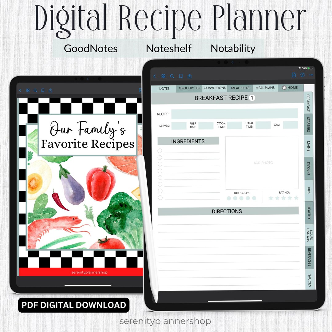 Digital Recipe Planner for Goodnotes, Meal Prep & Planner, Cookbook ...