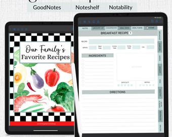 May include: Two digital recipe planners on tablets. One displays "Our Family's Favorite Recipes" with watercolor illustrations of food. The other shows a breakfast recipe template. Text includes "Digital Recipe Planner" and "PDF DIGITAL DOWNLOAD".