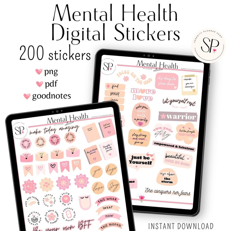May include: A digital sticker set for planners and journals featuring pink and peach illustrations with motivational quotes like "make today amazing", "more love", "focus on the good", "let yourself rest", "warrior", "own your story", "just be yourself", "rise above the storm", and "she conquers her fears". The set includes 200 stickers in PNG, PDF, and Goodnotes formats.