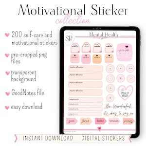 May include: A digital download of 200 pink and peach self-care and motivational stickers. The stickers feature text such as "Today's Self Care", "Positive Affirmation", "Looking Forward To", "I am Proud of Myself", "Be Wonderful, It's Okay to Say No", "Goal", "Focus", "Tasks", "Reminder", and "Priority".