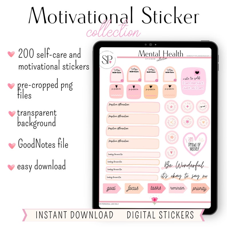 May include: A digital download of 200 pink and peach self-care and motivational stickers. The stickers feature text such as "Today's Self Care", "Positive Affirmation", "Looking Forward To", "I am Proud of Myself", "Be Wonderful, It's Okay to Say No", "Goal", "Focus", "Tasks", "Reminder", and "Priority".