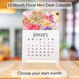 Mini Desk Calendar with Wooden Stand Choose Start Month, 12 Month Calendar Cards, Small Desktop Calendar, Cute Office Desk Accessory or Gift