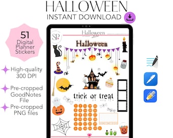 Halloween Digital Planner Stickers, GoodNotes & OneNote Stickers, Daily Planner Pre-Cropped PNG, Digital Sticker Pack for Annotation Apps