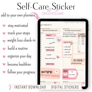 May include: A digital planner sticker collection with pink hearts and the text "Self-Care Sticker Collection". The stickers are designed to help users stay motivated, track their steps, check in on weight loss, build a routine, organize their day, become healthier, and follow their progress.