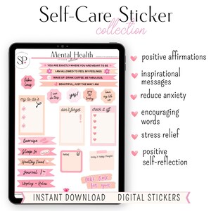 May include: Digital sticker sheet with pink and peach colored stickers featuring self-care affirmations, inspirational messages, and to-do lists. The text "Self-Care Sticker Collection" is at the top of the image. The text "Instant Download Digital Stickers" is at the bottom of the image.