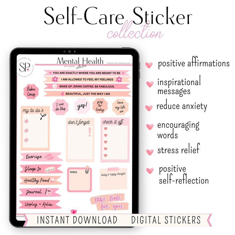 May include: Digital sticker sheet with pink and peach colored stickers featuring self-care affirmations, inspirational messages, and to-do lists. The text "Self-Care Sticker Collection" is at the top of the image. The text "Instant Download Digital Stickers" is at the bottom of the image.