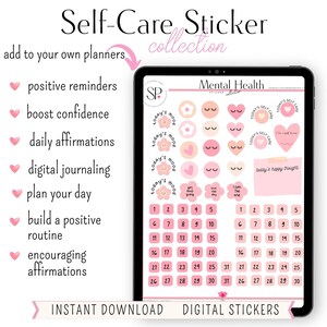 May include: Digital stickers for planners featuring pink and white illustrations of hearts, flowers, eyes, and text. The stickers include phrases like "Today's Mood", "Self Care", and "I can end this".