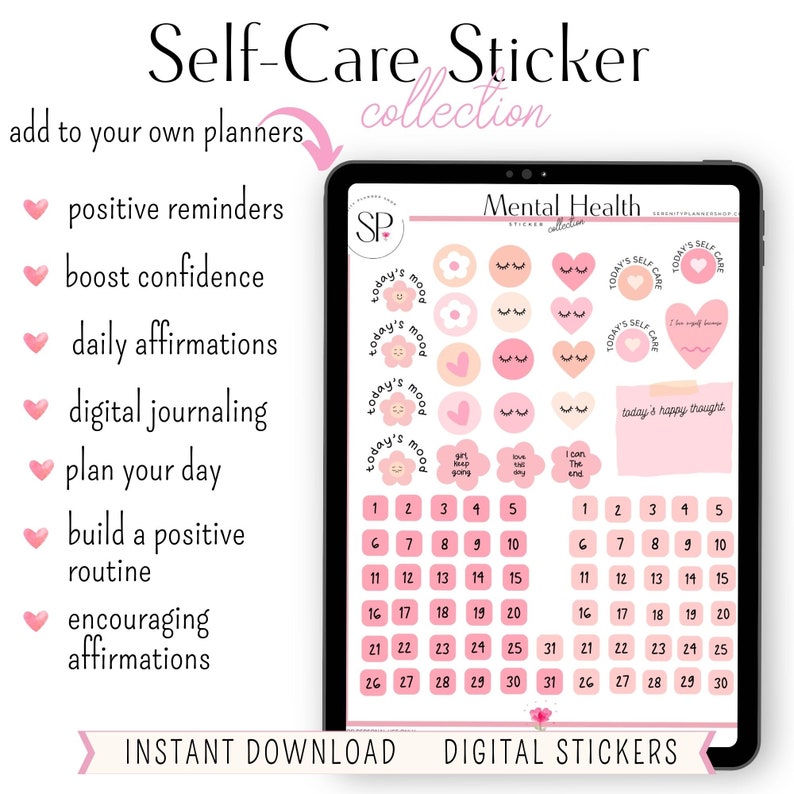 May include: Digital stickers for planners featuring pink and white illustrations of hearts, flowers, eyes, and text. The stickers include phrases like "Today's Mood", "Self Care", and "I can end this".