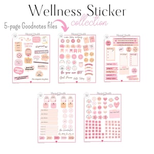May include: A set of five digital planner stickers for Goodnotes featuring pink and white illustrations with motivational quotes and phrases such as "Be your own BFF", "Girl Power Hello Today", "Just be yourself", "Crush your goals", and "You can overcome any obstacle".