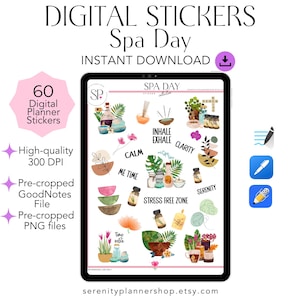 Digital Planner Stickers for GoodNotes Spa Day Wellness, OneNote Stickers, Daily Planner Pre-Cropped PNG, Sticker Pack for Annotation Apps