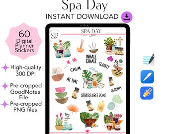Digital Planner Stickers for GoodNotes Spa Day Wellness, OneNote Stickers, Daily Planner Pre-Cropped PNG, Sticker Pack for Annotation Apps